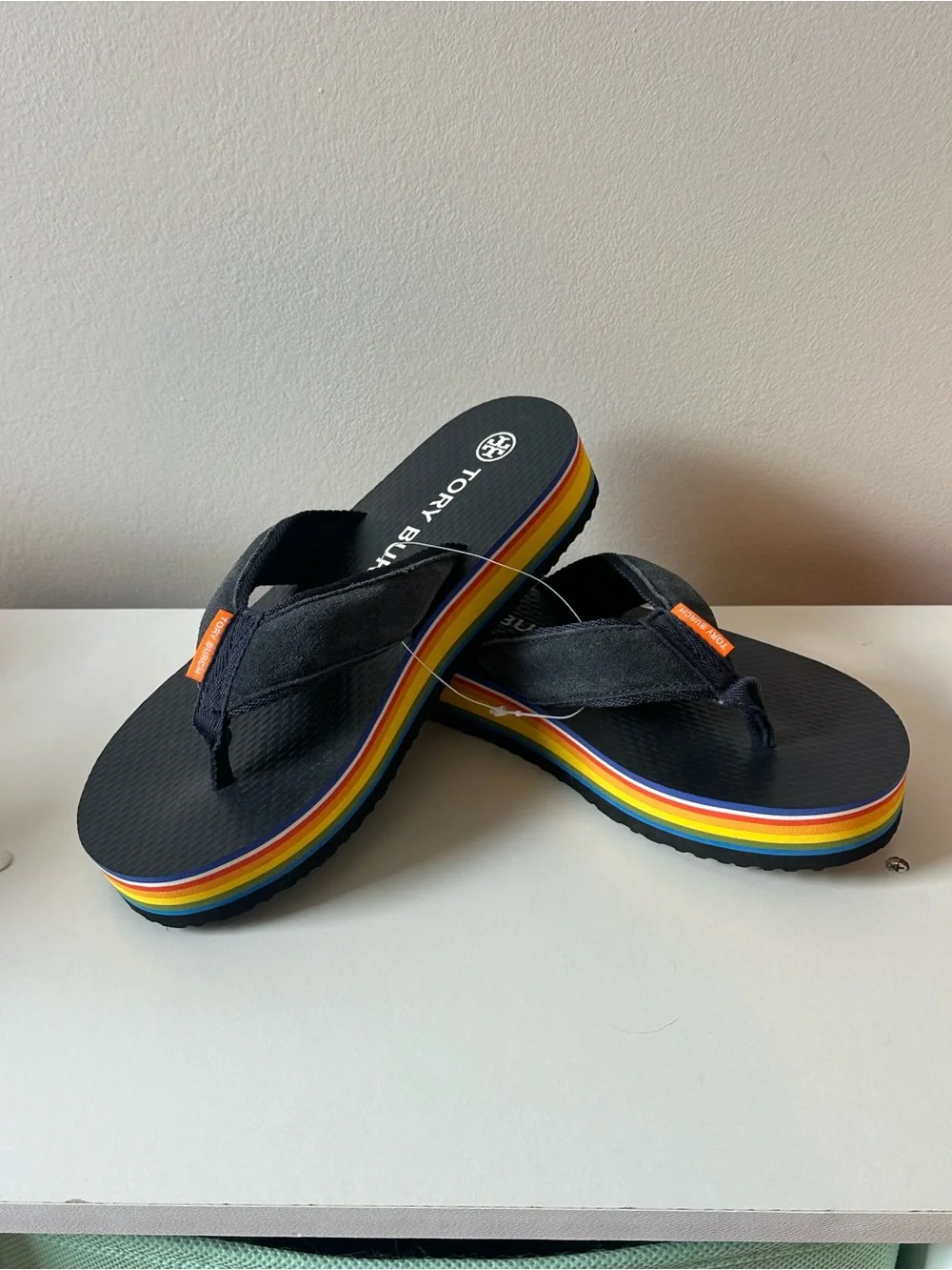 Tory Burch Women’s Flatform Suede Thong Sandals Rainbow Stripe Platform 6M New